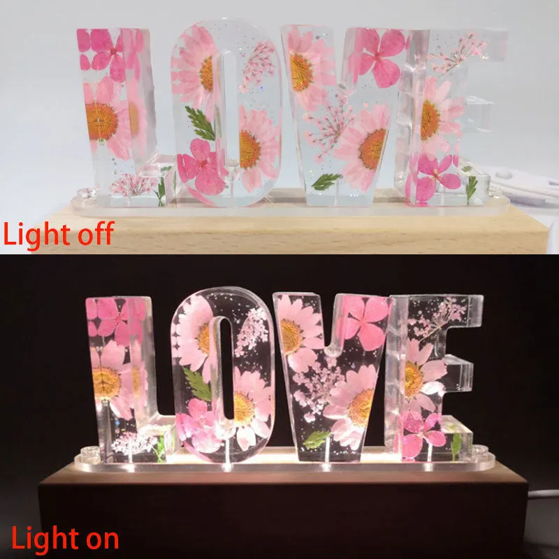 Creative dried flower night light LOVE letter table lamp with wood lampshade, LED warm light, and rose flowers