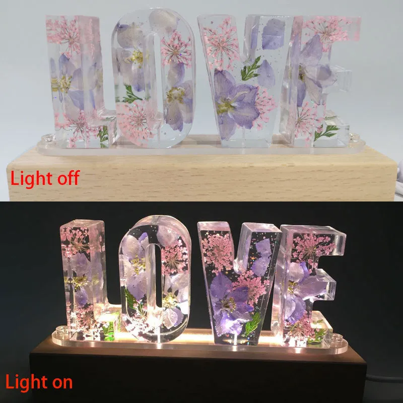 Creative dried flower night light LOVE letter table lamp with wood lampshade, LED warm light, and rose flowers