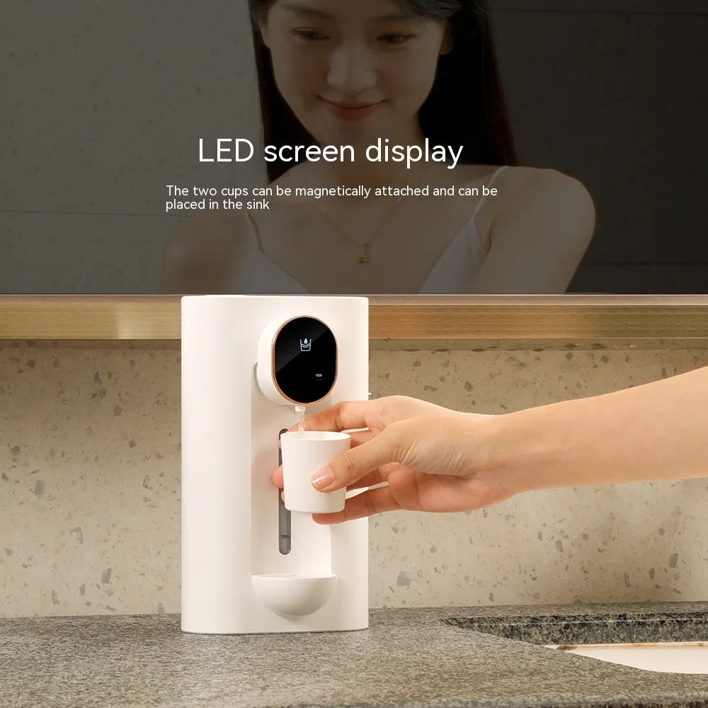 Automatic mouthwash dispenser in milky white with two magnetic cups, wall mounted in bathroom, 540ml visible tank