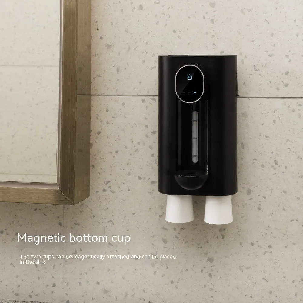 Automatic mouthwash dispenser in milky white with two magnetic cups, wall mounted in bathroom, 540ml visible tank