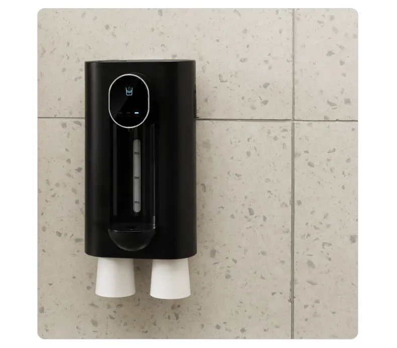 Automatic mouthwash dispenser in milky white with two magnetic cups, wall mounted in bathroom, 540ml visible tank