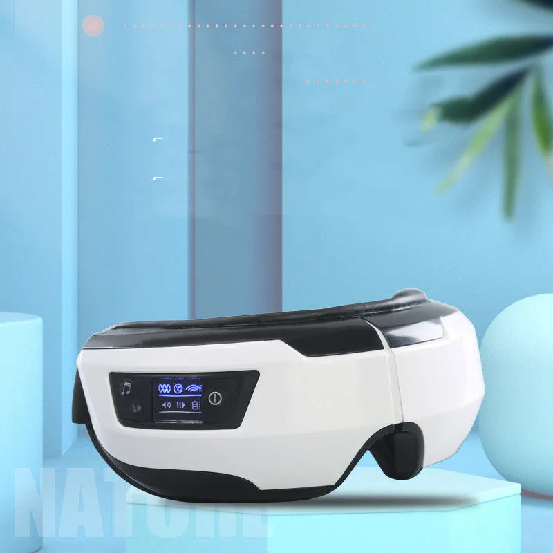 Eye massager in black and white with PU leather covering and USB cable for eye care