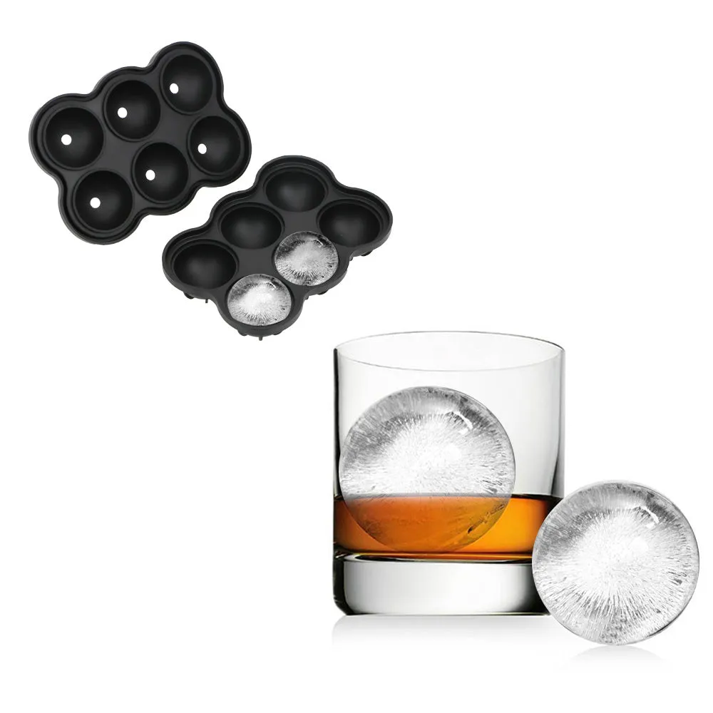 Large black silicone ice cube maker with six 4.5cm sphere cavities on a white background