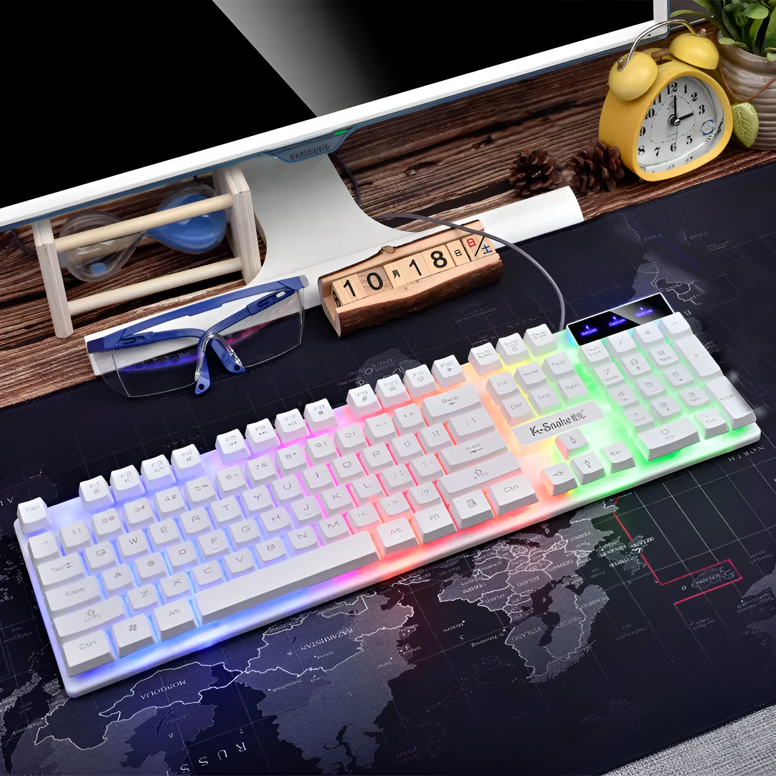 Wired USB Gaming Keyboard for Office and Home Use 104 Keys Multimedia Shortcut Keys X Architecture Backlit Waterproof Plastic Black White 1.5 Metre Cable 420x163x35mm