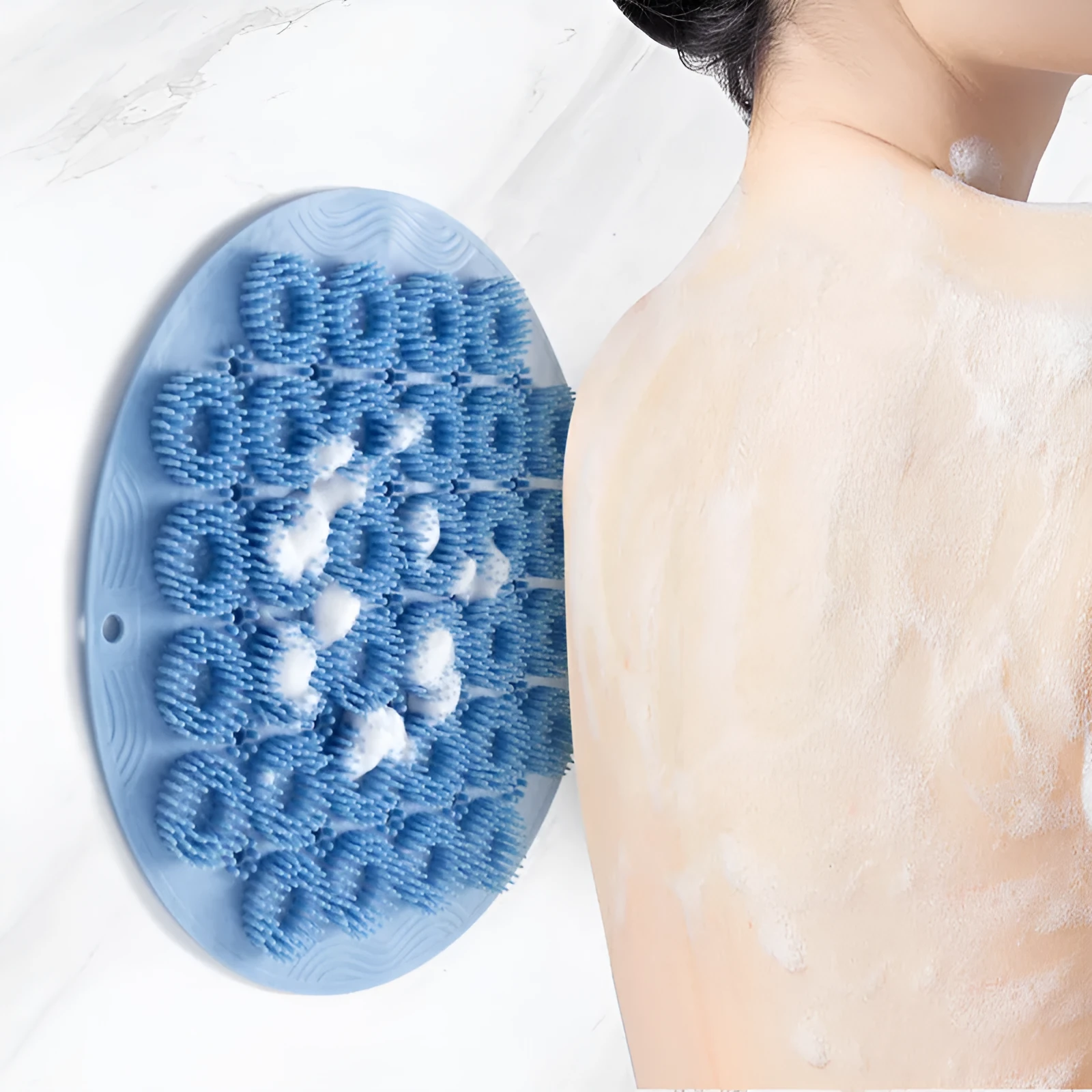 Silicone back bath brush with suction cup wall mount in Sky Blue, 30x30cm