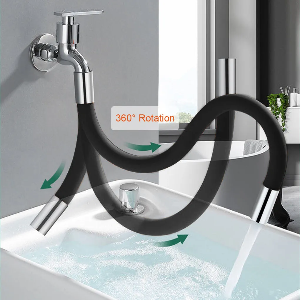 Black faucet extension extender with 360° rotation, stainless steel, 30 cm length, for bathroom basin