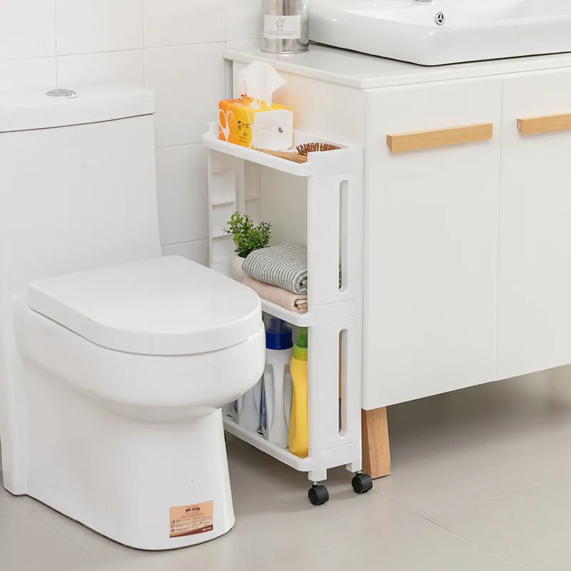 Plastic kitchen storage rack with wheels, multi-layer, narrow gap design, white colour