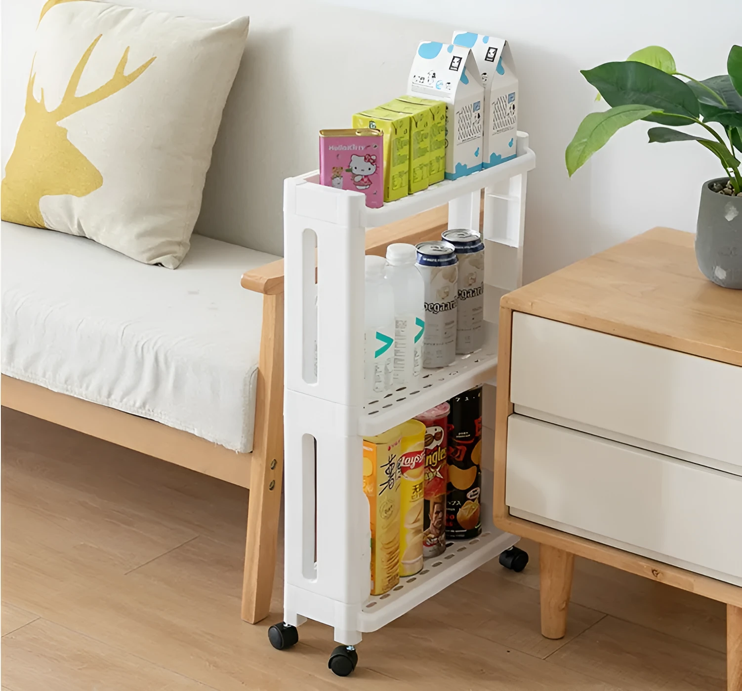 Plastic kitchen storage rack with wheels, multi-layer, narrow gap design, white colour