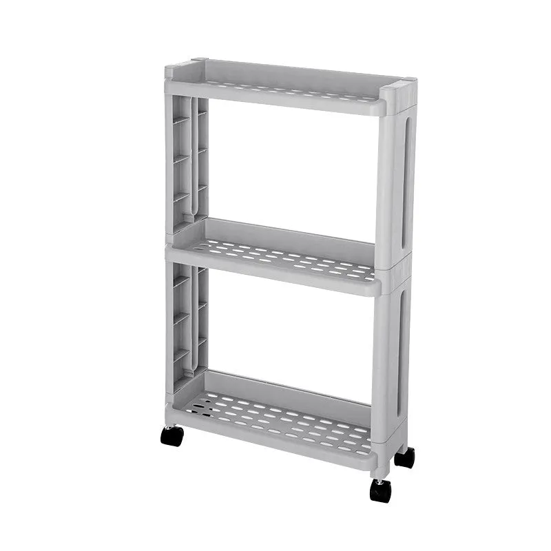 Plastic kitchen storage rack with wheels, multi-layer, narrow gap design, white colour