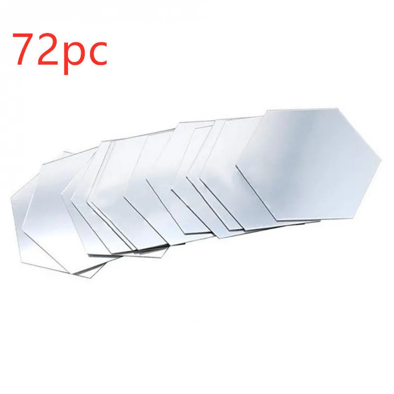 Hexagonal silver PS mirror wall sticker on a wall surface close up