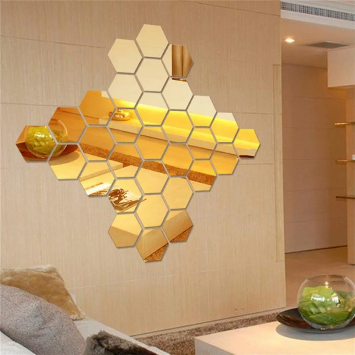 Hexagonal silver PS mirror wall sticker on a wall surface close up