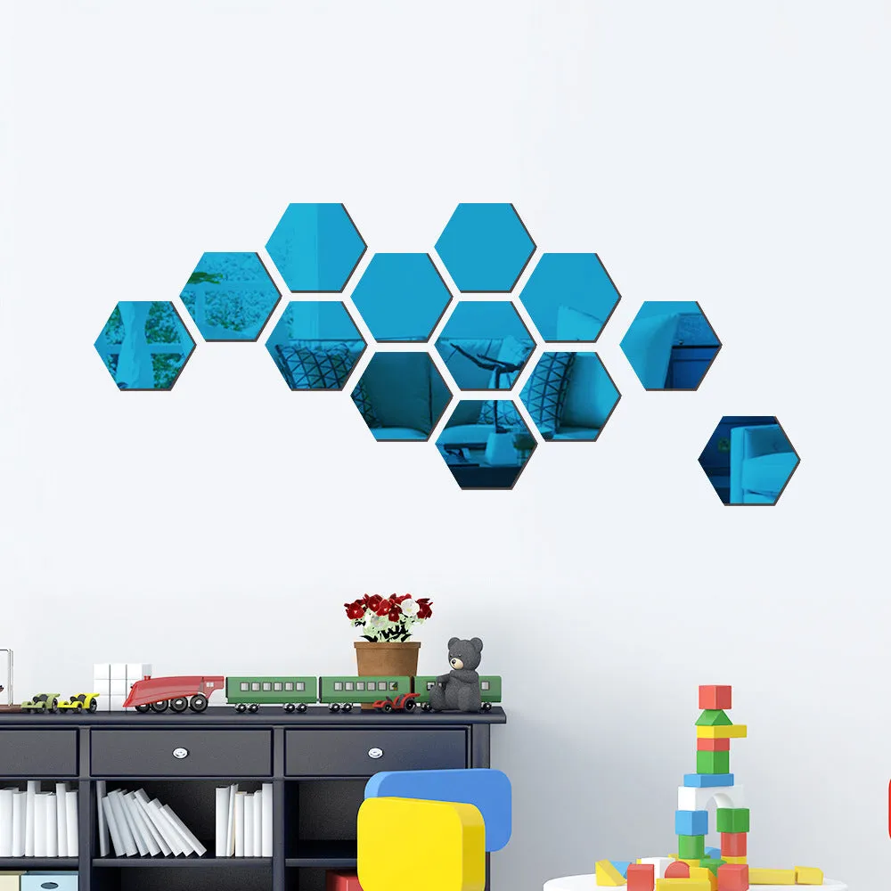 Hexagonal silver PS mirror wall sticker on a wall surface close up