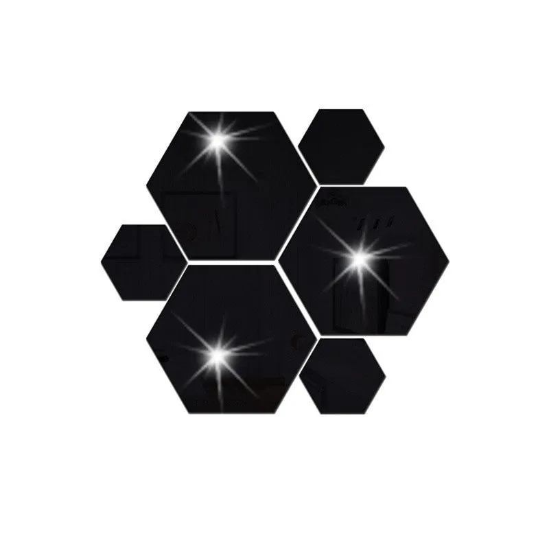 Hexagonal silver PS mirror wall sticker on a wall surface close up