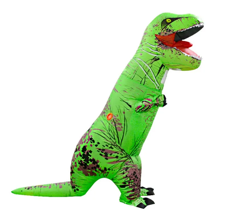 Inflatable blue Tyrannosaurus dinosaur costume from Jurassic World with fan and accessories for adults