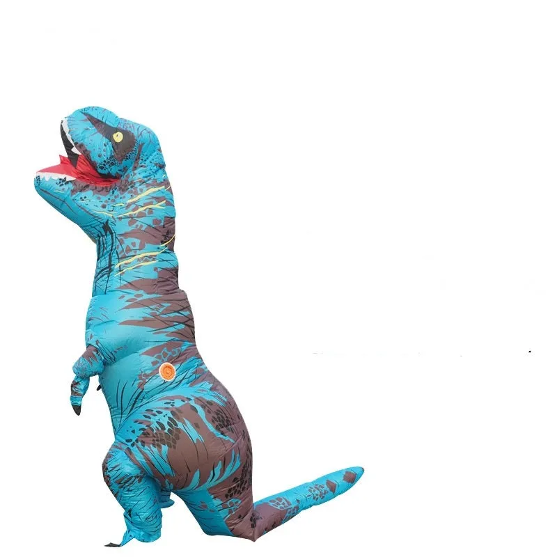 Inflatable blue Tyrannosaurus dinosaur costume from Jurassic World with fan and accessories for adults