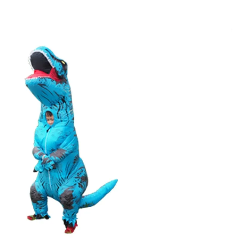 Inflatable blue Tyrannosaurus dinosaur costume from Jurassic World with fan and accessories for adults