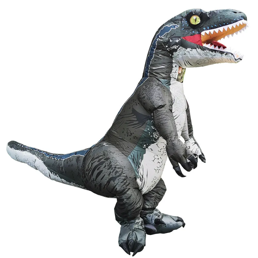 Inflatable blue Tyrannosaurus dinosaur costume from Jurassic World with fan and accessories for adults