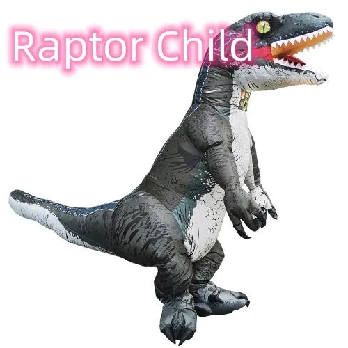 Inflatable blue Tyrannosaurus dinosaur costume from Jurassic World with fan and accessories for adults