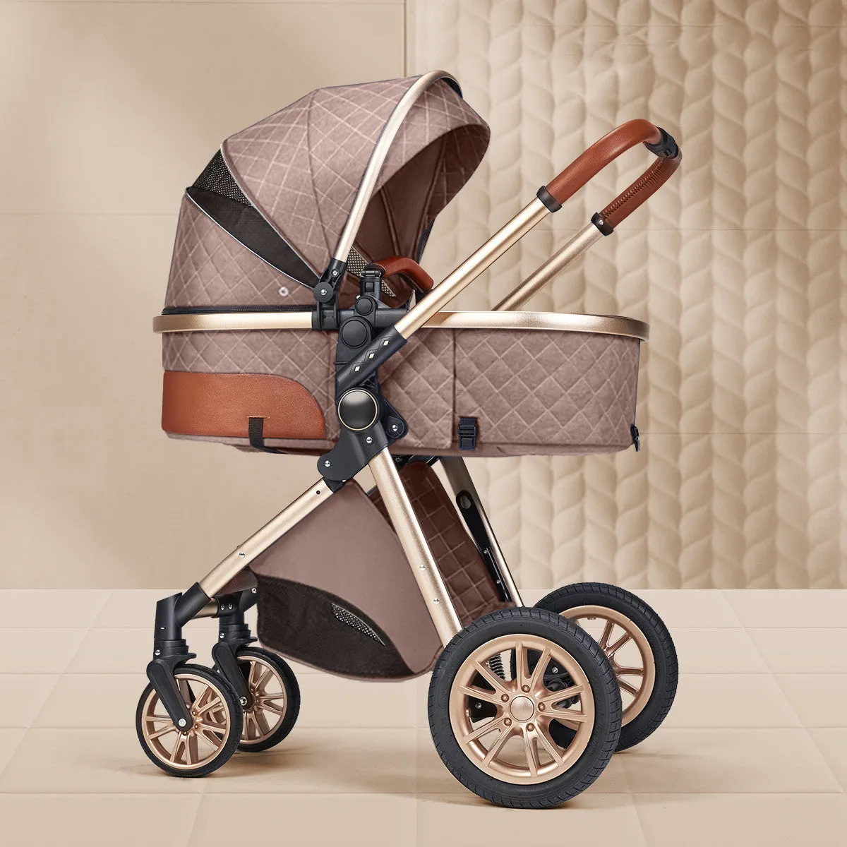 Lightweight folding two way shock absorbing newborn baby stroller with aluminium alloy frame and safety basket
