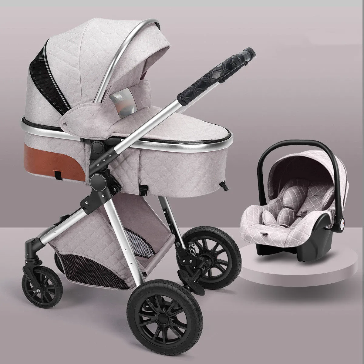 Lightweight folding two way shock absorbing newborn baby stroller with aluminium alloy frame and safety basket