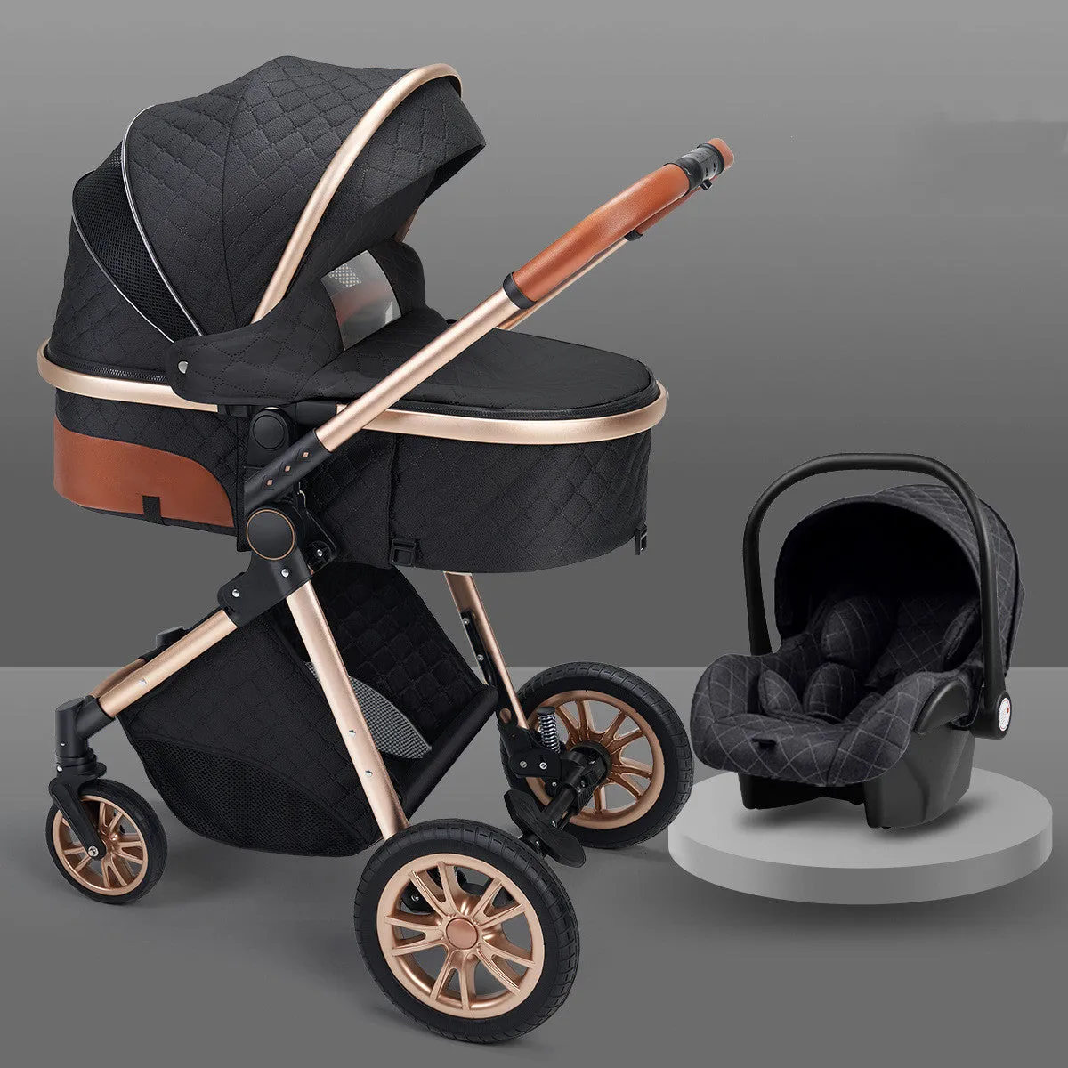 Lightweight folding two way shock absorbing newborn baby stroller with aluminium alloy frame and safety basket