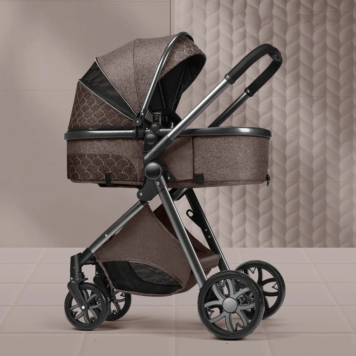 Lightweight folding two way shock absorbing newborn baby stroller with aluminium alloy frame and safety basket