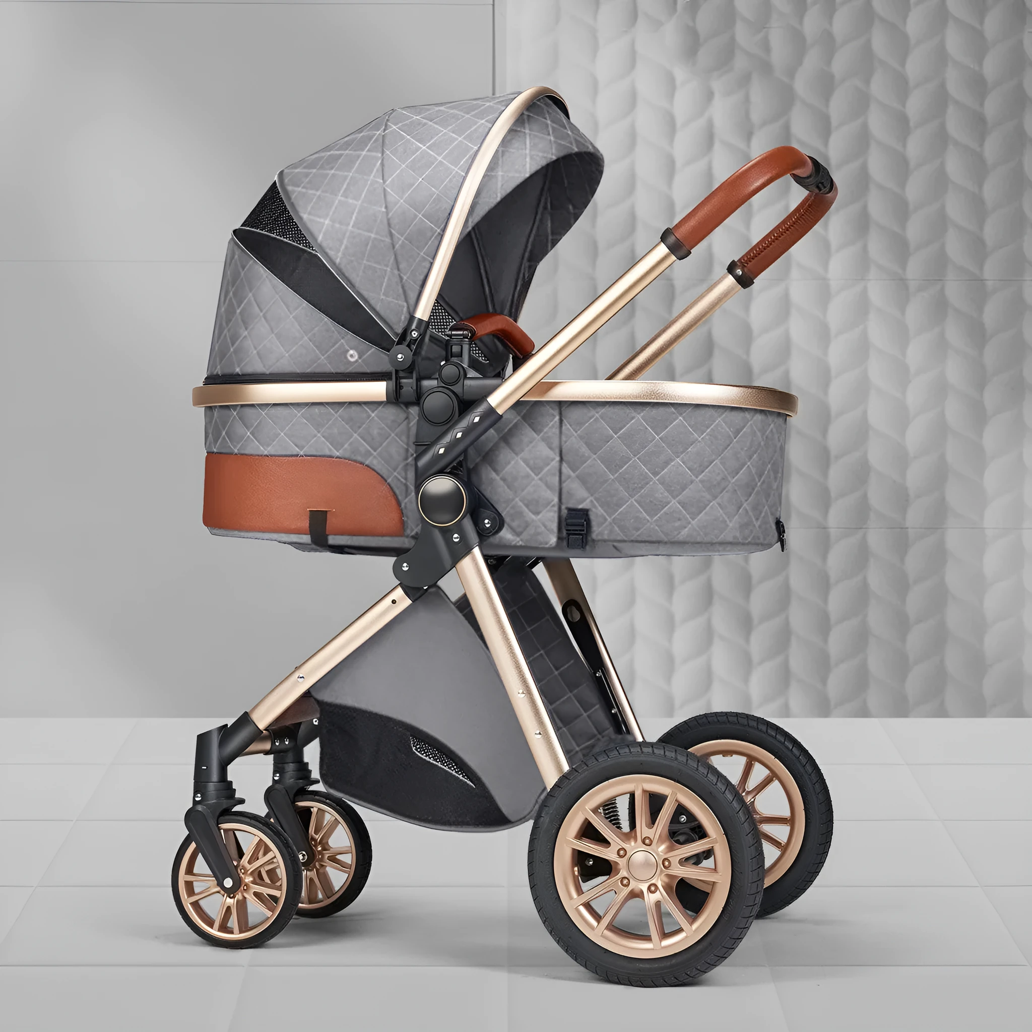 Lightweight folding two way shock absorbing newborn baby stroller with aluminium alloy frame and safety basket