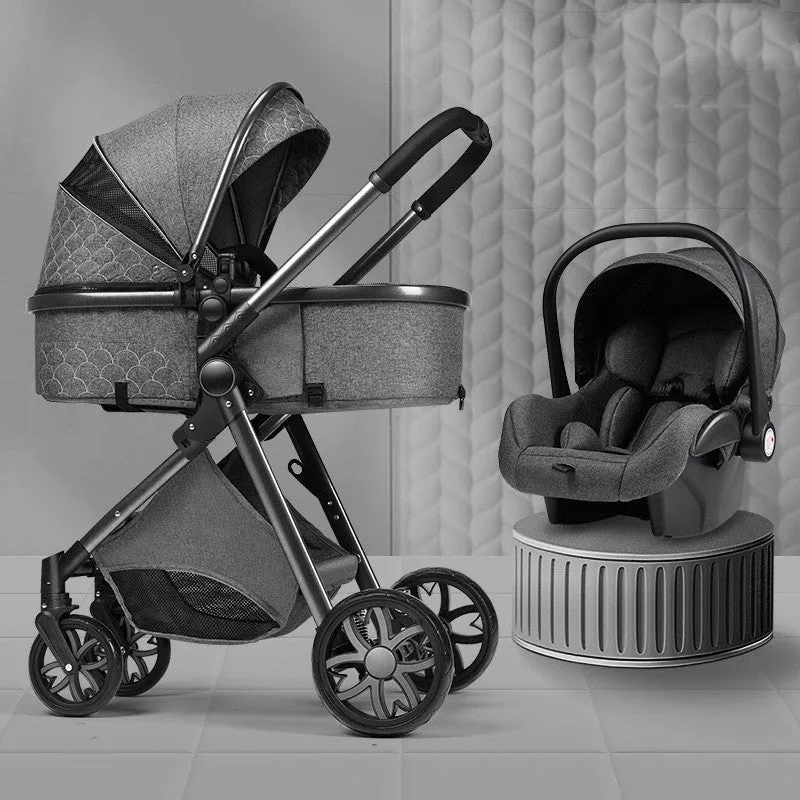Lightweight folding two way shock absorbing newborn baby stroller with aluminium alloy frame and safety basket