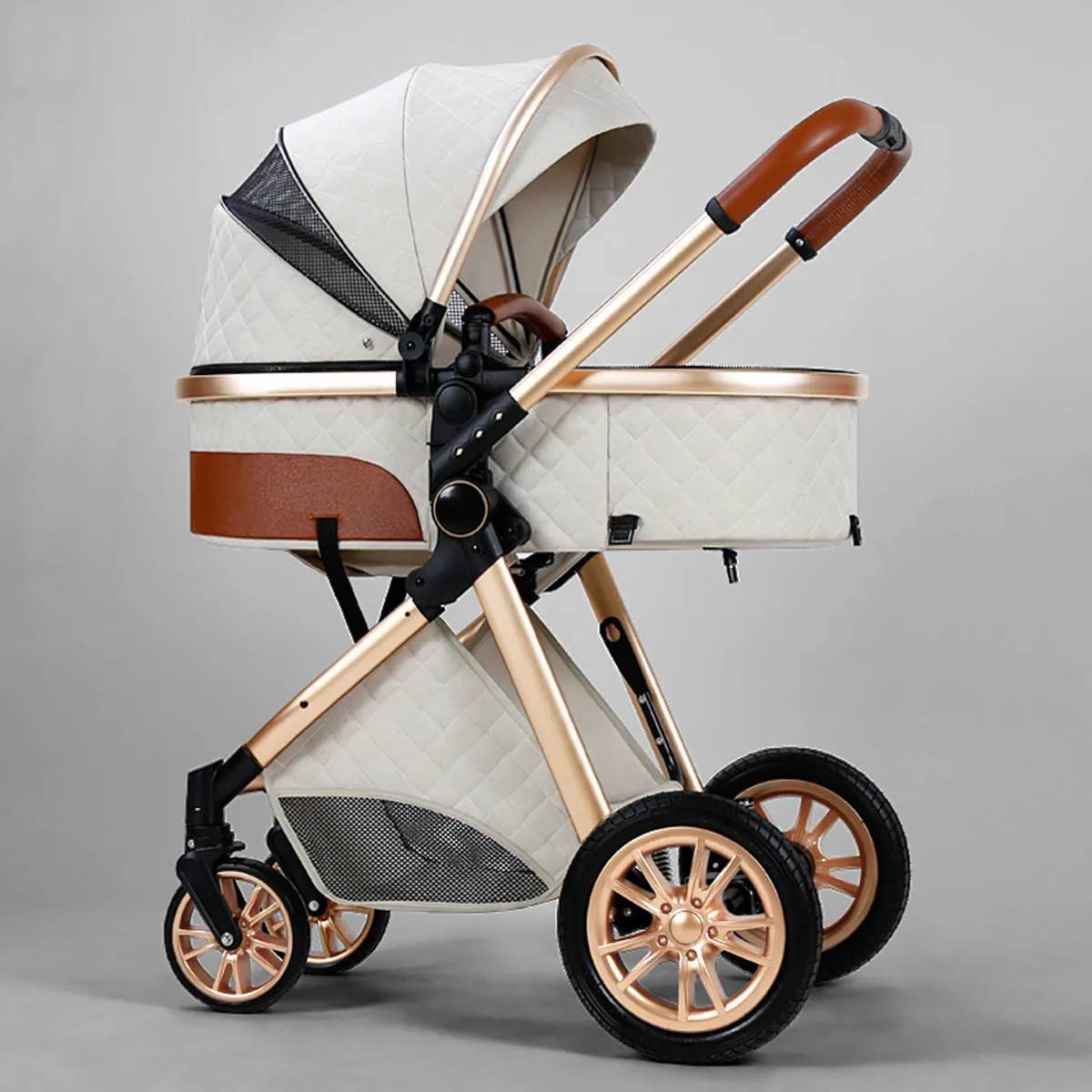 Lightweight folding two way shock absorbing newborn baby stroller with aluminium alloy frame and safety basket
