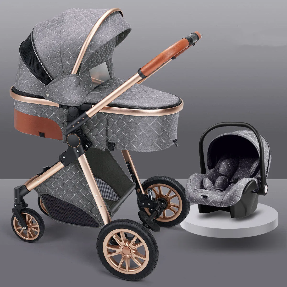 Lightweight folding two way shock absorbing newborn baby stroller with aluminium alloy frame and safety basket