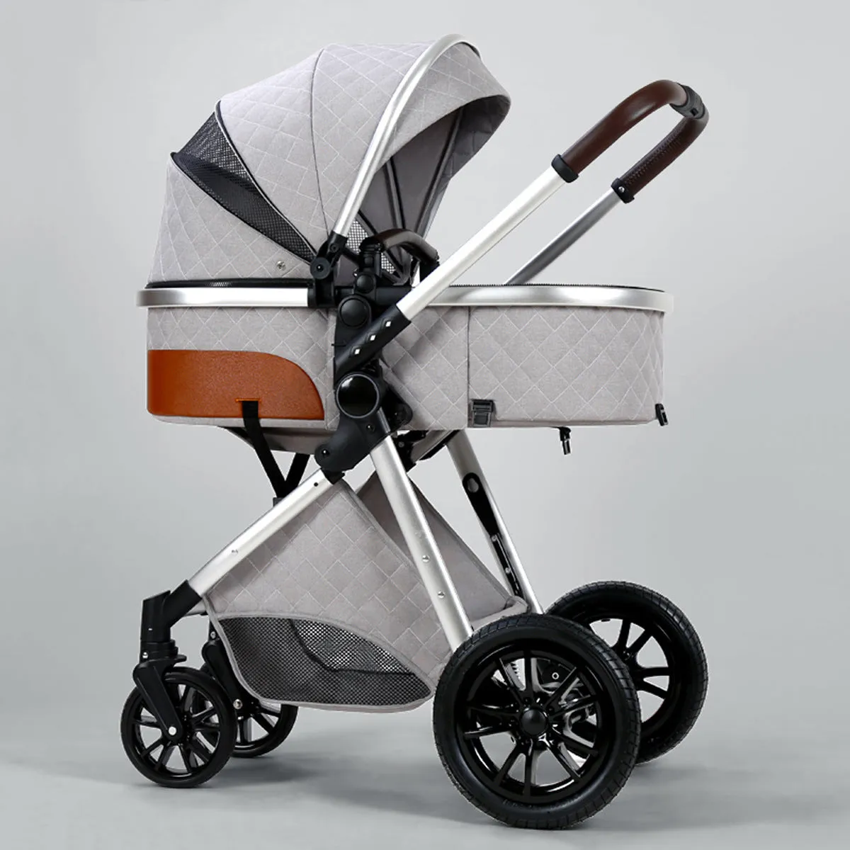 Lightweight folding two way shock absorbing newborn baby stroller with aluminium alloy frame and safety basket