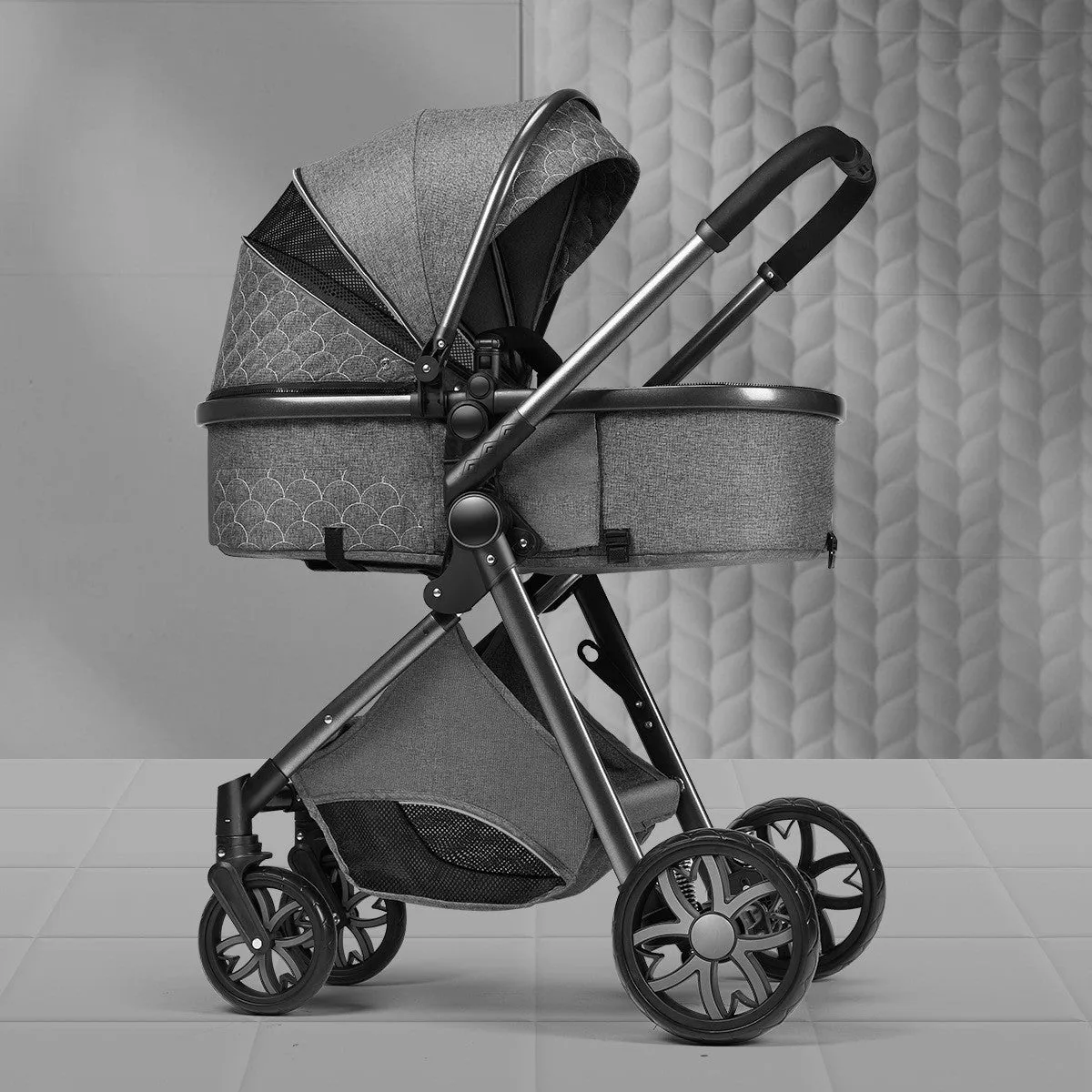 Lightweight folding two way shock absorbing newborn baby stroller with aluminium alloy frame and safety basket