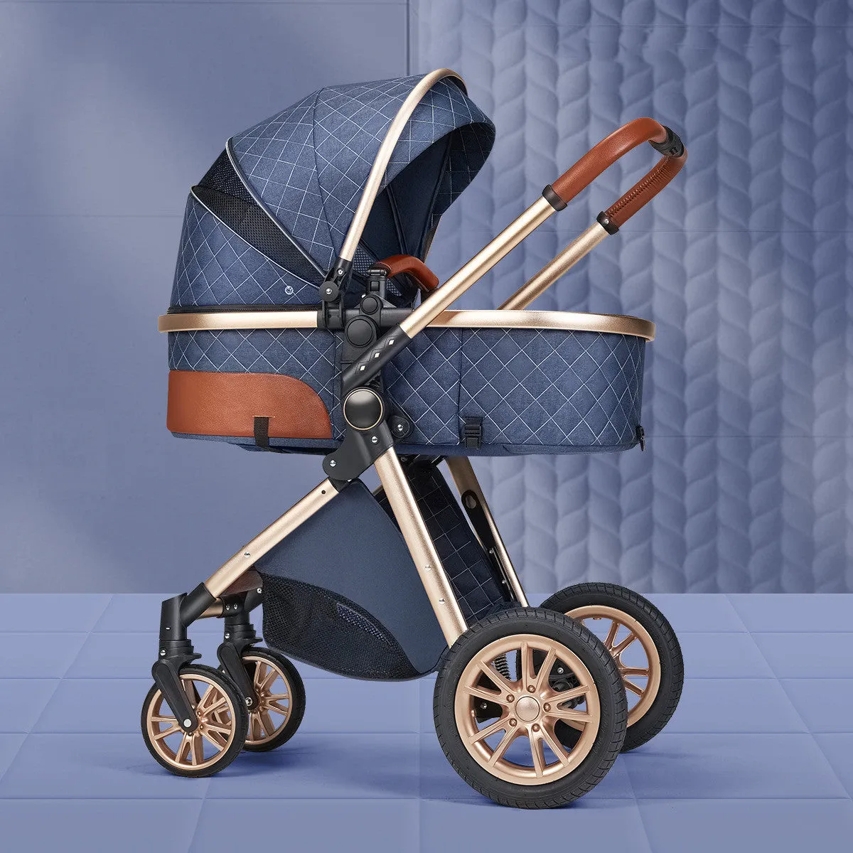 Lightweight folding two way shock absorbing newborn baby stroller with aluminium alloy frame and safety basket