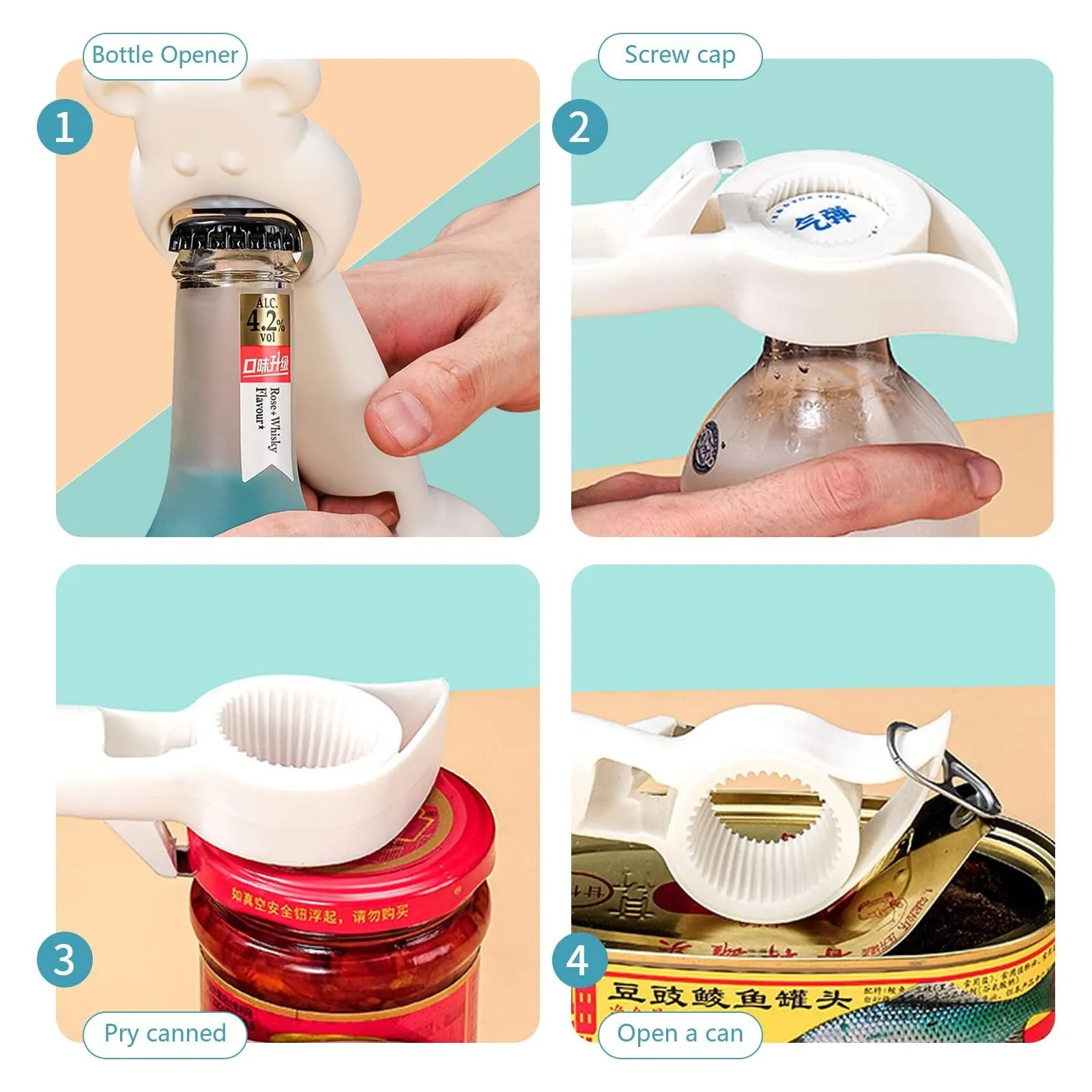 4-in-1 multifunctional stainless steel bottle opener jar opener can opener in gray blue colour