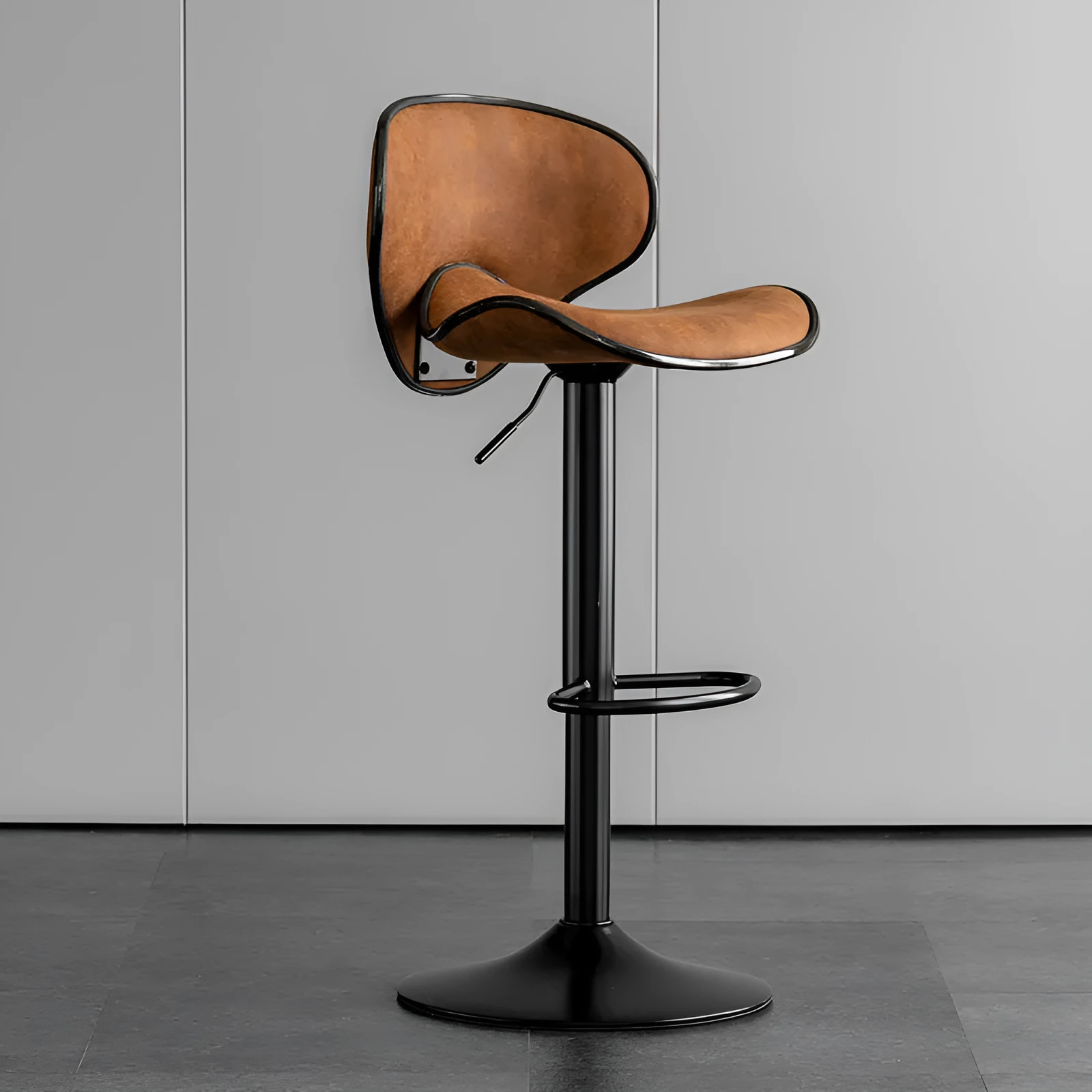 Minimalist modern Scandinavian leather chair with adjustable height from 84 to 104cm in retro camel colour for home office desk