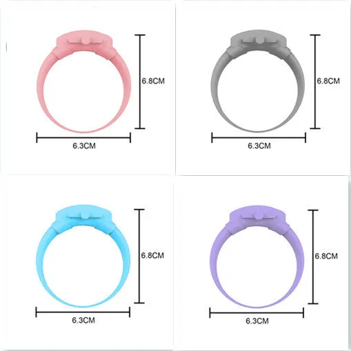 Portable hand sanitizer dispenser silicone wristband with refill cap, black band holding 6mL bottle
