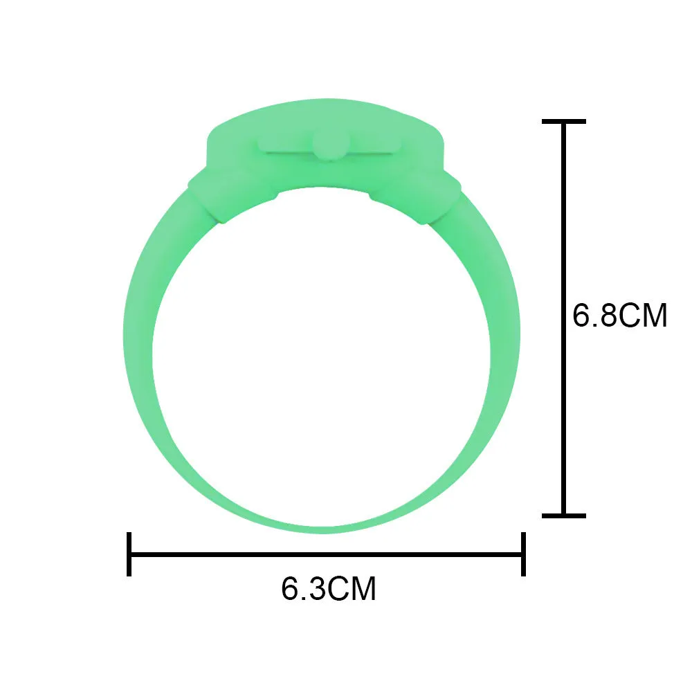 Portable hand sanitizer dispenser silicone wristband with refill cap, black band holding 6mL bottle