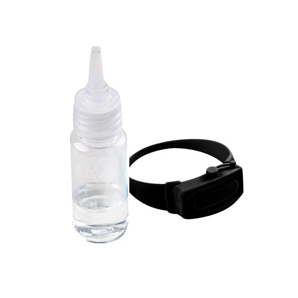 Portable hand sanitizer dispenser silicone wristband with refill cap, black band holding 6mL bottle