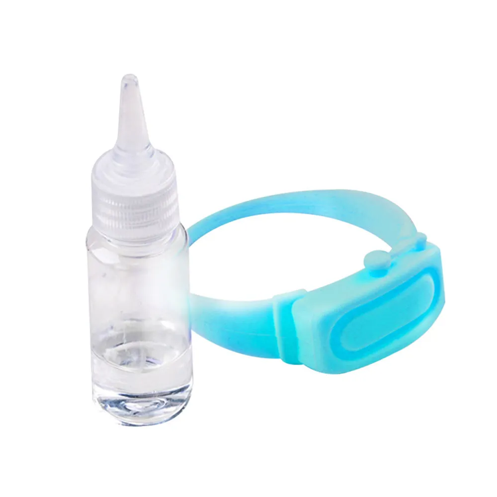 Portable hand sanitizer dispenser silicone wristband with refill cap, black band holding 6mL bottle