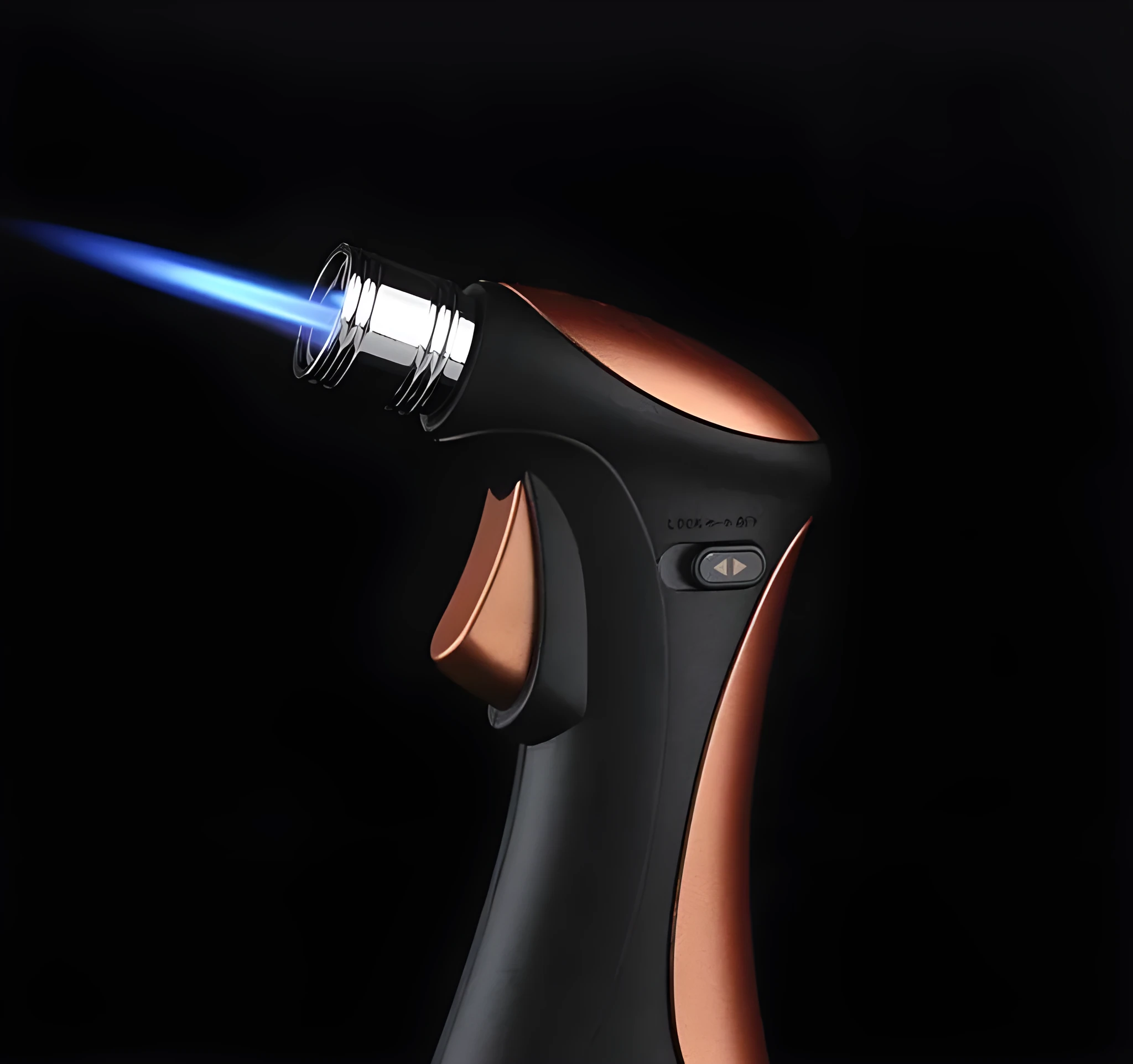 Windproof torch lighter in black colour with visible torch nozzle and trigger