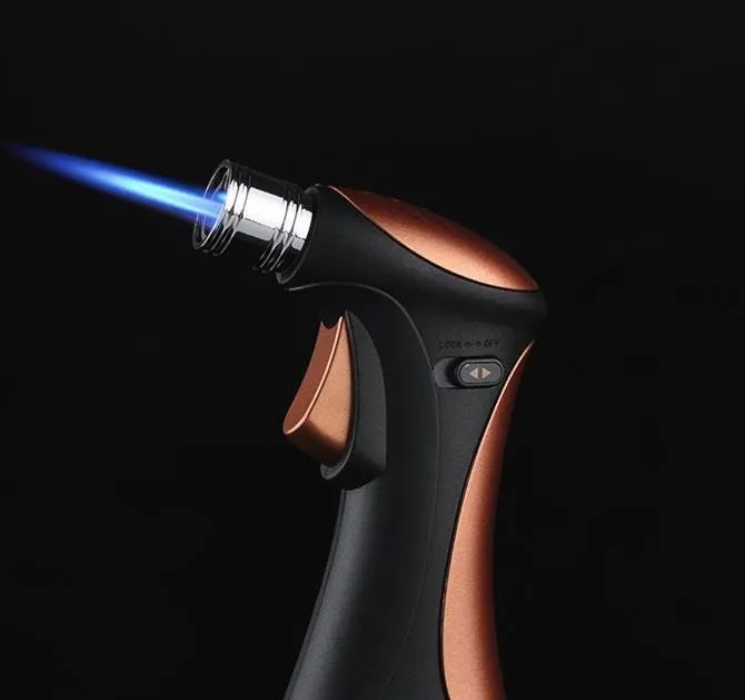 Windproof torch lighter in black colour with visible torch nozzle and trigger