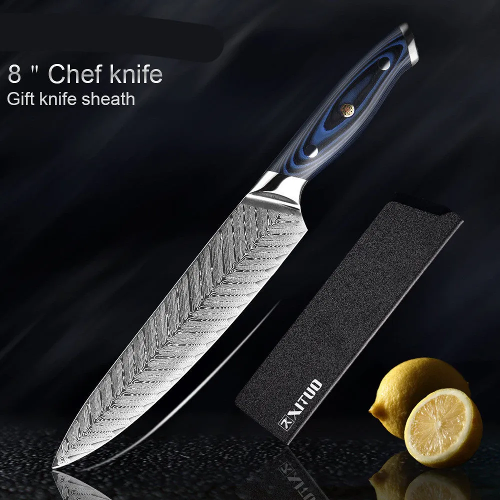 Blue G10 Damascus knife set with chef, Santoku, boning and peel knives on a light background