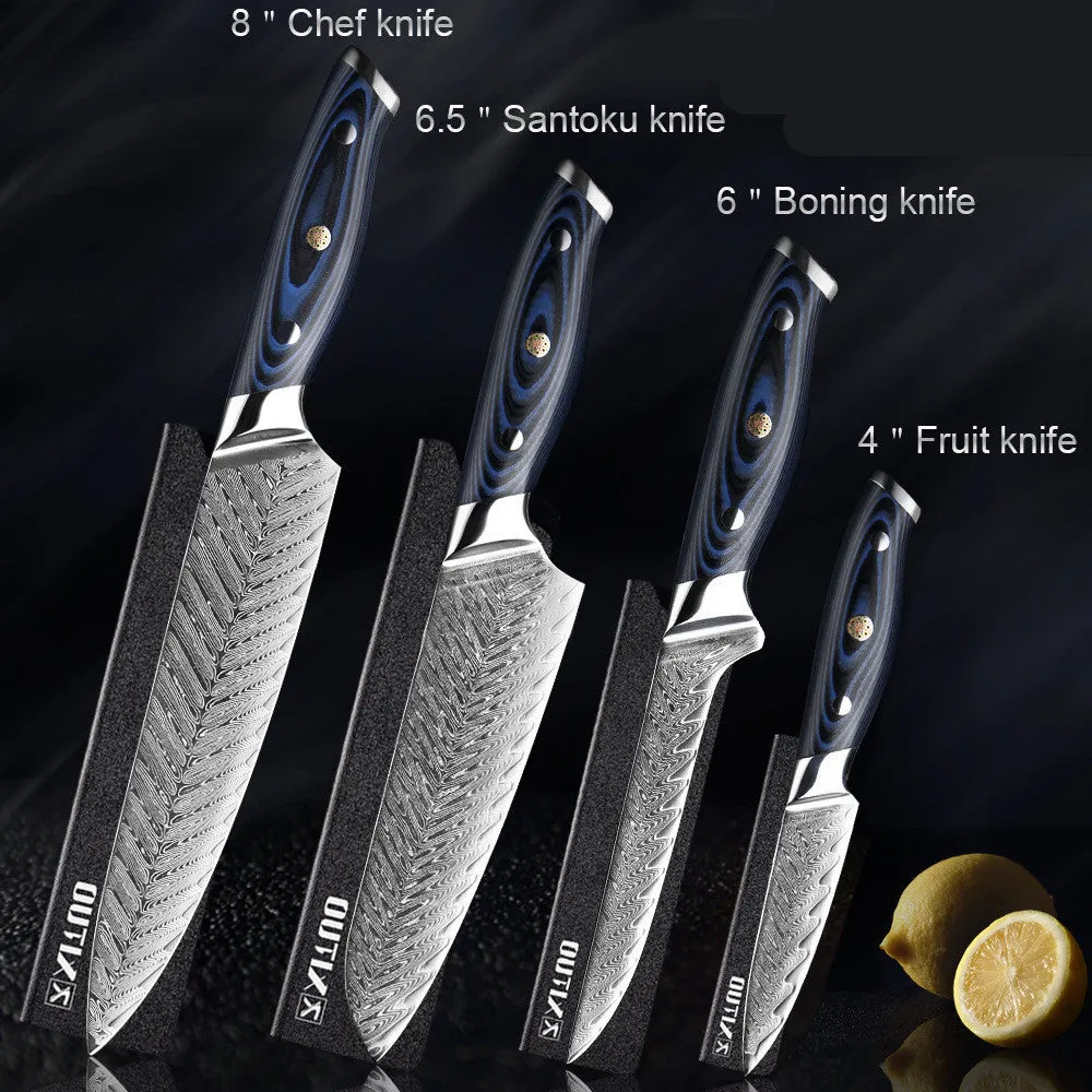 Blue G10 Damascus knife set with chef, Santoku, boning and peel knives on a light background