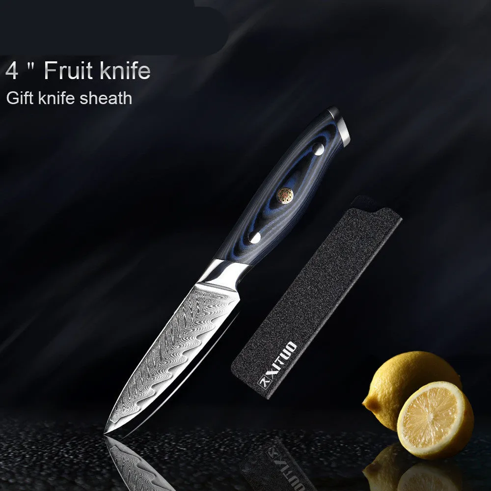 Blue G10 Damascus knife set with chef, Santoku, boning and peel knives on a light background