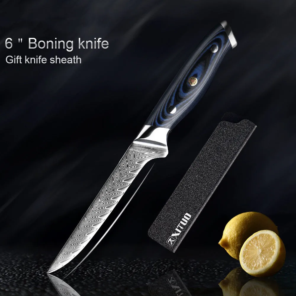 Blue G10 Damascus knife set with chef, Santoku, boning and peel knives on a light background