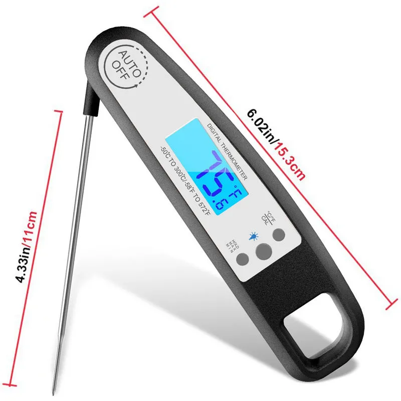 Digital food thermometer with ABS housing showing temperature reading on display, black colour, for meat and baking