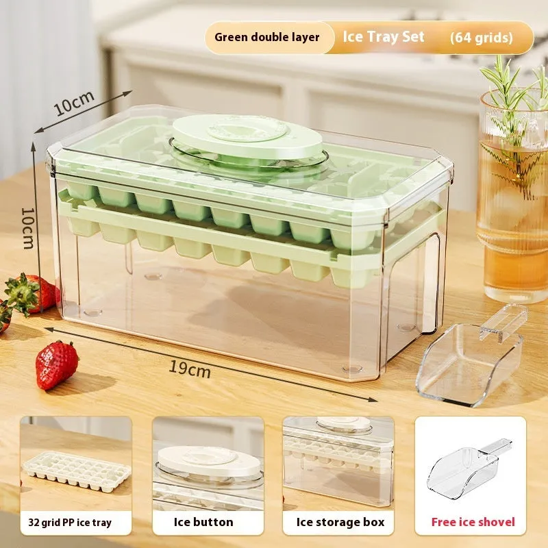 PP plastic ice cube tray with pressing lid, white single layer 32 grid, stackable quick demould design