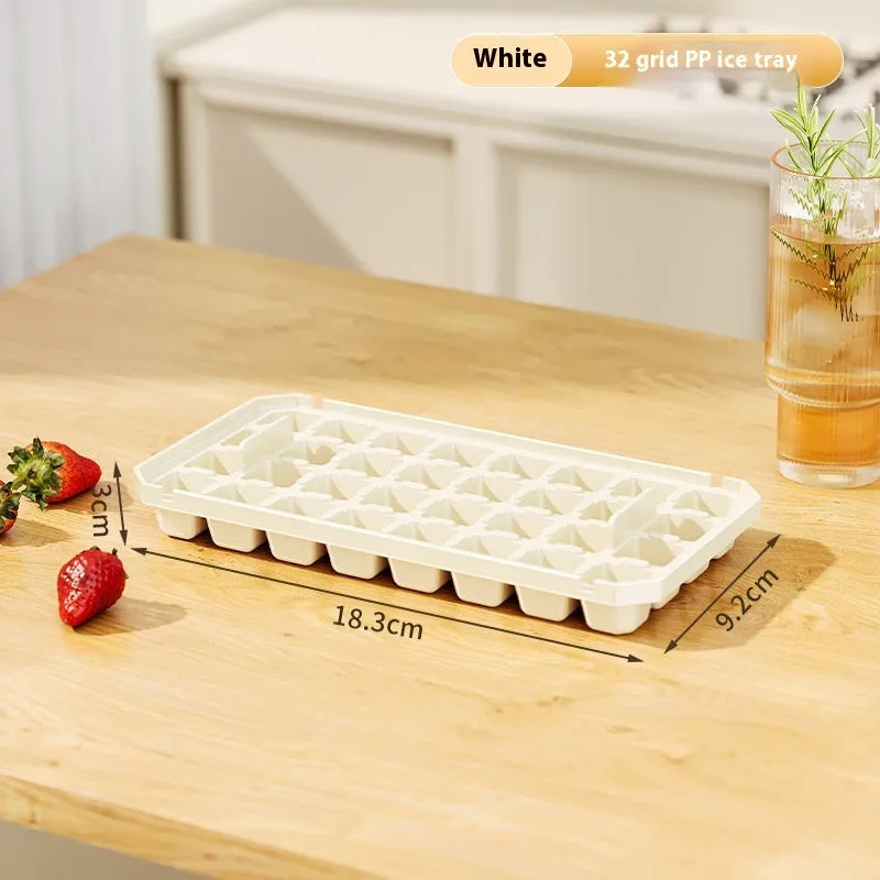 PP plastic ice cube tray with pressing lid, white single layer 32 grid, stackable quick demould design