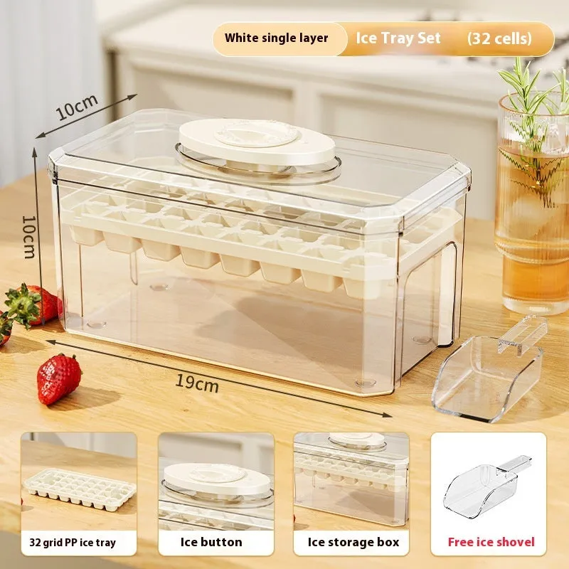 PP plastic ice cube tray with pressing lid, white single layer 32 grid, stackable quick demould design