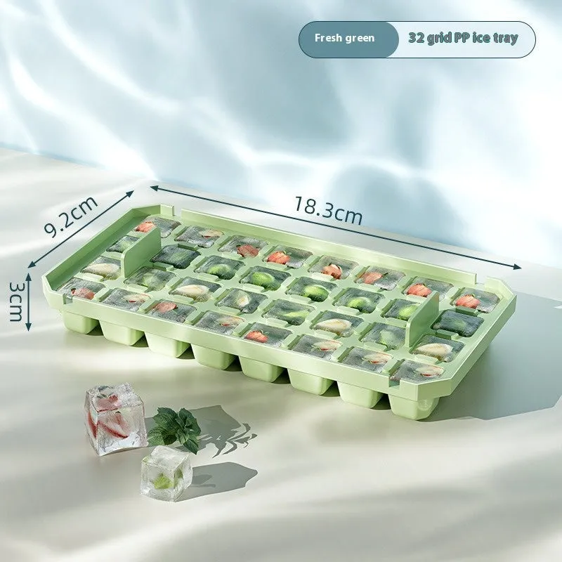 PP plastic ice cube tray with pressing lid, white single layer 32 grid, stackable quick demould design